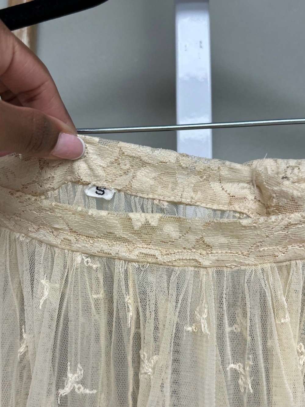 Vintage Boho Fairycore Lace Mesh Tiered Midi Skirt Cream Ivory Sheer Romantic S - Picture 6 of 7